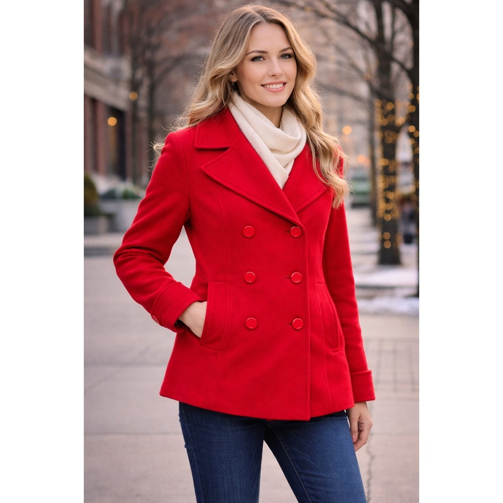 New York & Company Red Wool Blend Peacoat‎ Y2K Retro Style Double Breasted Coat